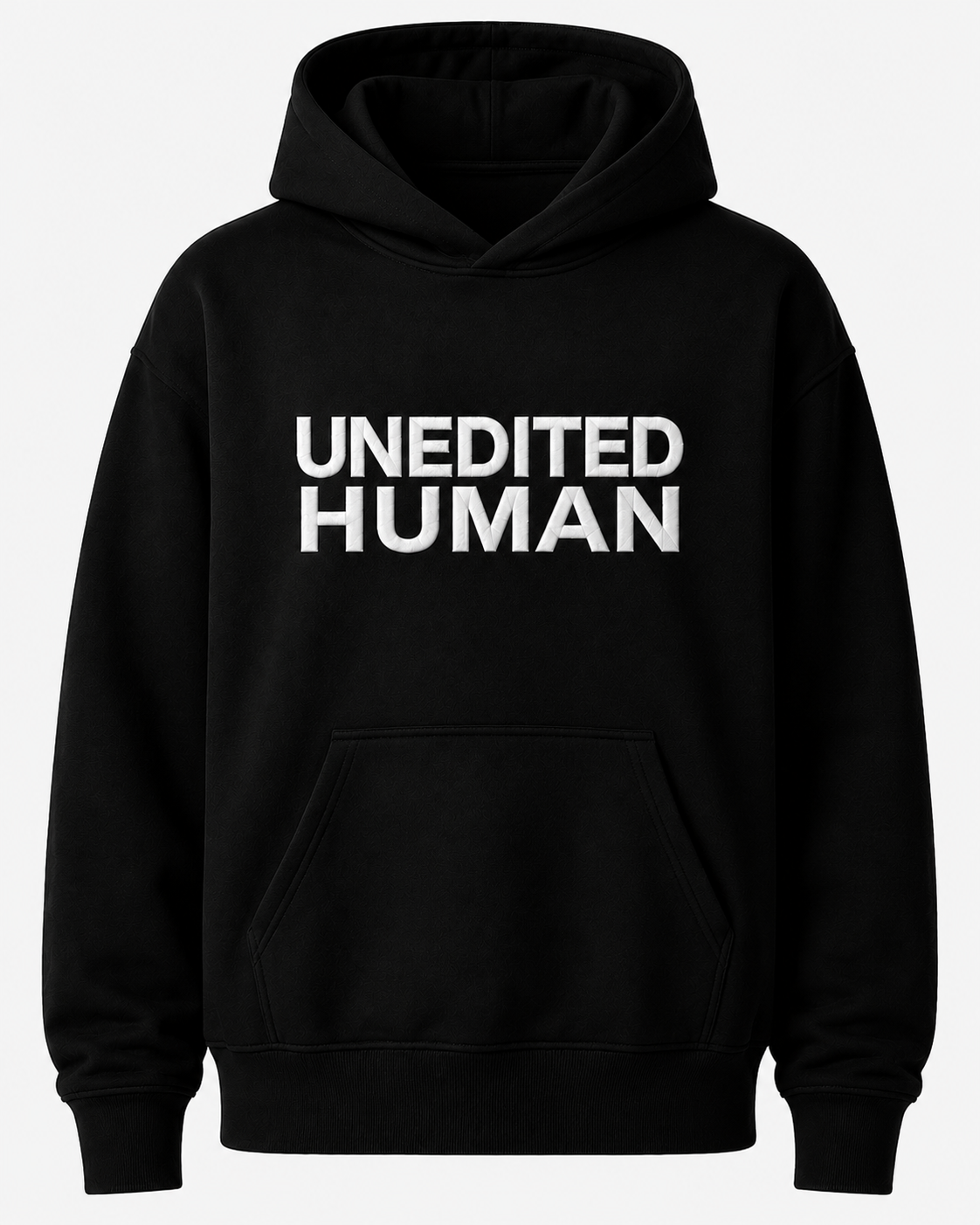 Black heavyweight hoodie with UNEDITED HUMAN embroidered in white across the chest