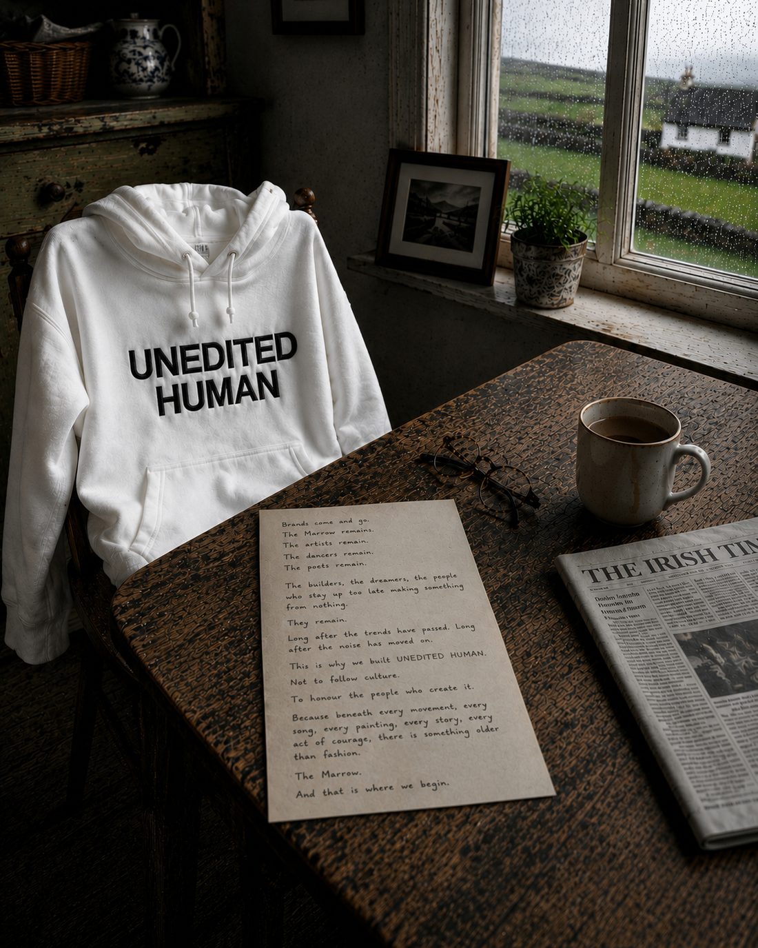 The Constant — white hoodie in a quiet cottage by a rain-streaked window