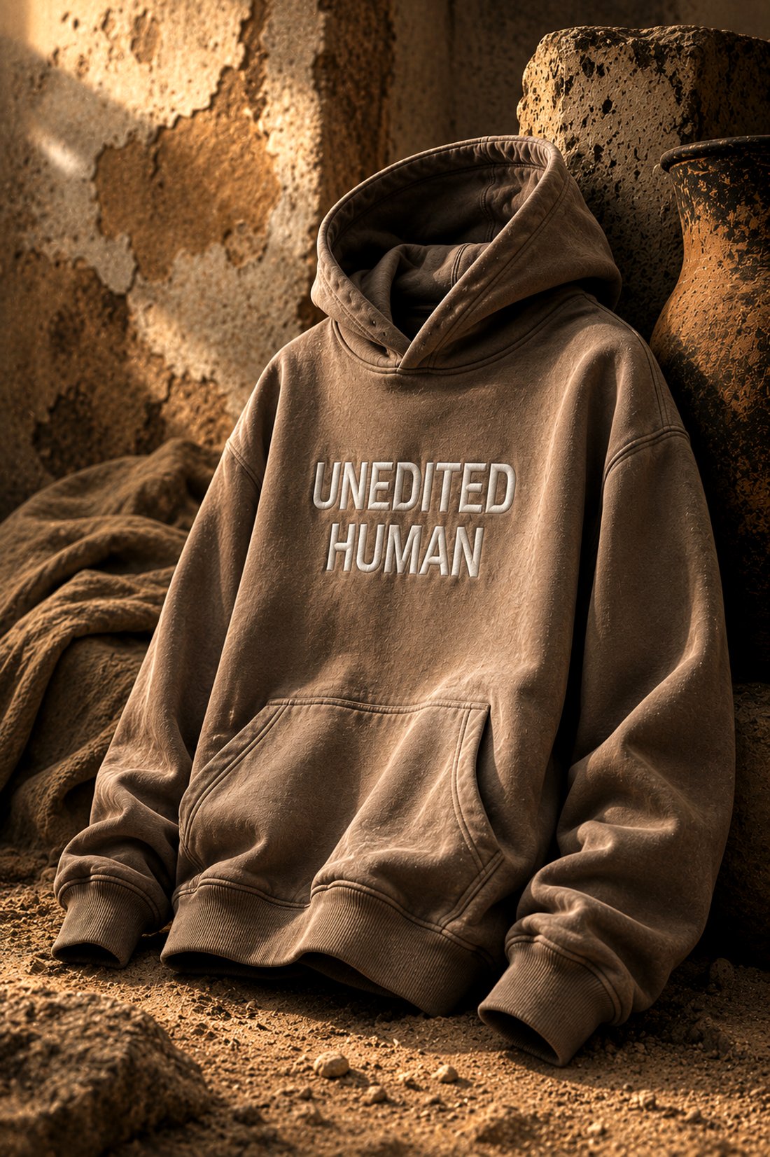The Sand — sand-toned hoodie resting in desert sand against an ancient cracked wall