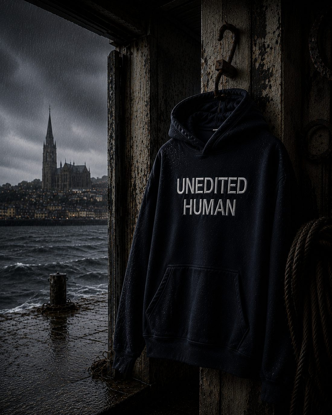 UNEDITED HUMAN hoodie hung in a storm-lit harbour doorway