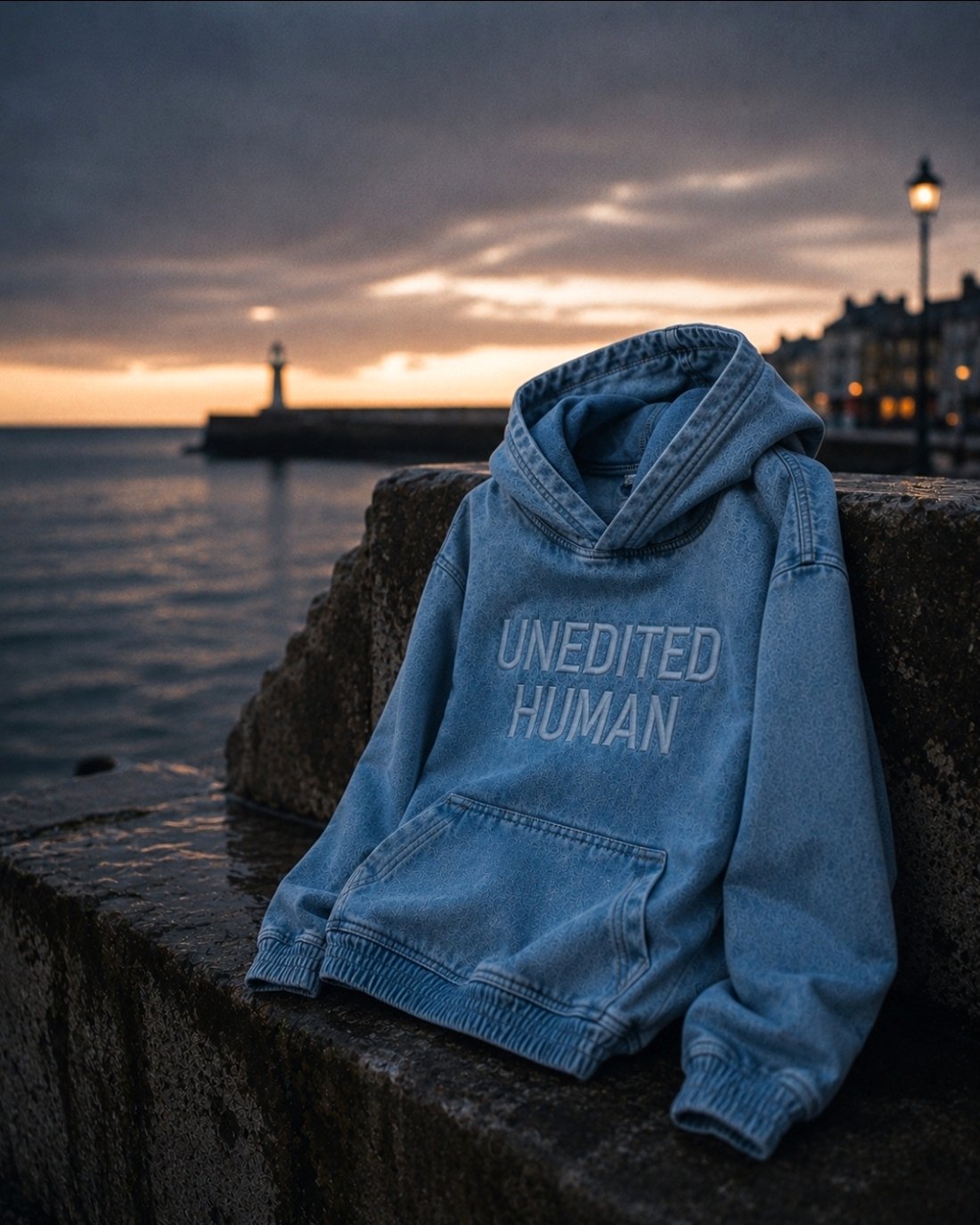 The Tide — washed-denim hoodie propped on a harbour wall at dusk, a lighthouse and last light behind it
