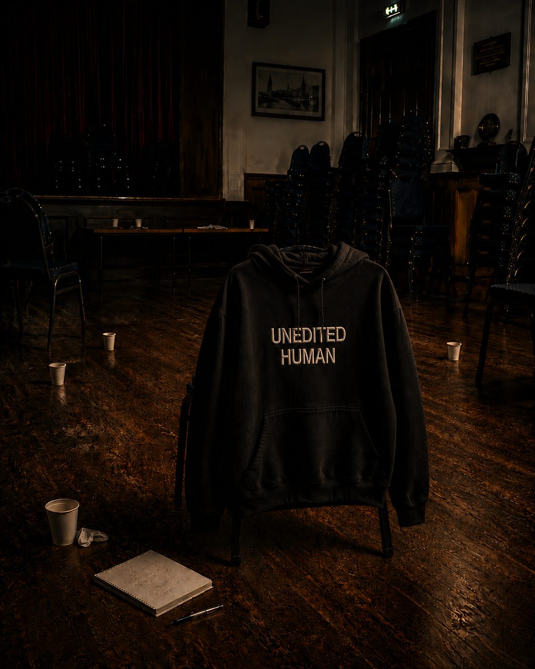 The Void — black hoodie alone on a chair in an empty hall